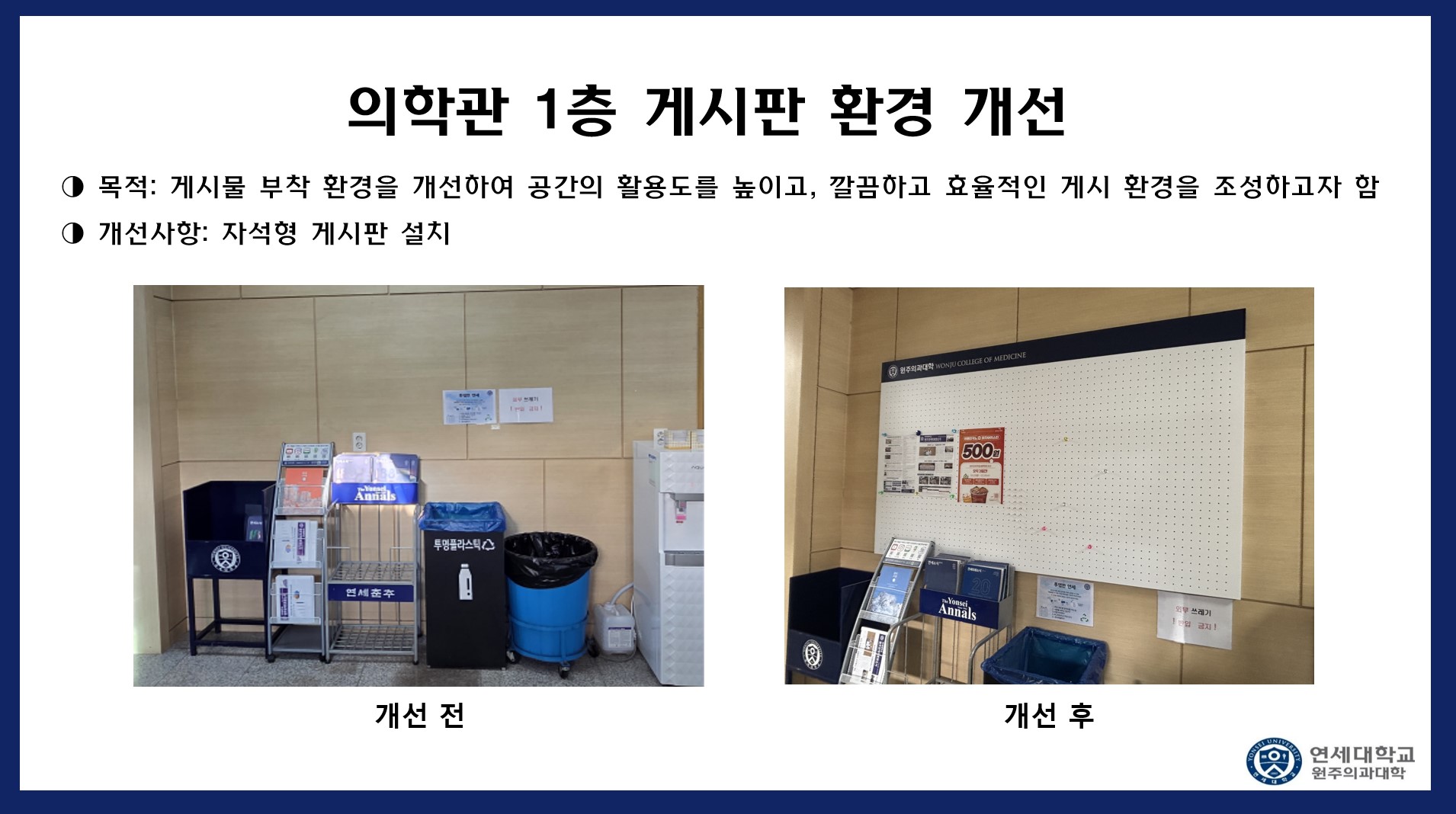 의학관 1층 게시판 환경 개선 목적 : 게시물 부착 환경을 개선하여 공간의 활용도를 높이고, 깔끔하고 효율적인 게시 환경을 조성하고자 함. 개선사항 : 자석형 게시판 설치 개선전과 개선후의 이미지. 연세대학교 원주의과대학